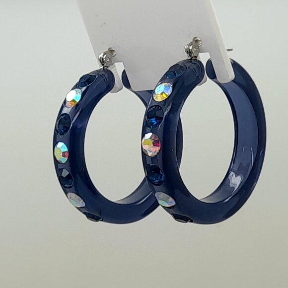 Navy blue Lucite Acrylic wide 1.5 Hoop navy blue & clear ab Fashion Earrings - Picture 1 of 4